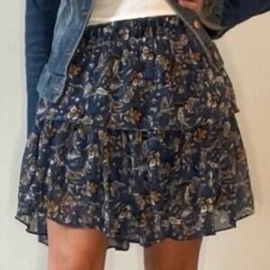 Drew Women's Blue & Brown Floral Skirt · Tiered Ruffle Medium